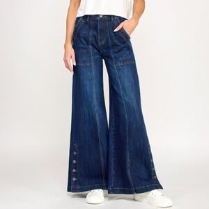 High Rise Wide Leg Pants With Button Slit
